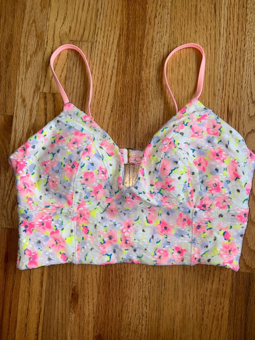 Victoria’s Secret medium Floral Longline Bralette in Neon Pink & White